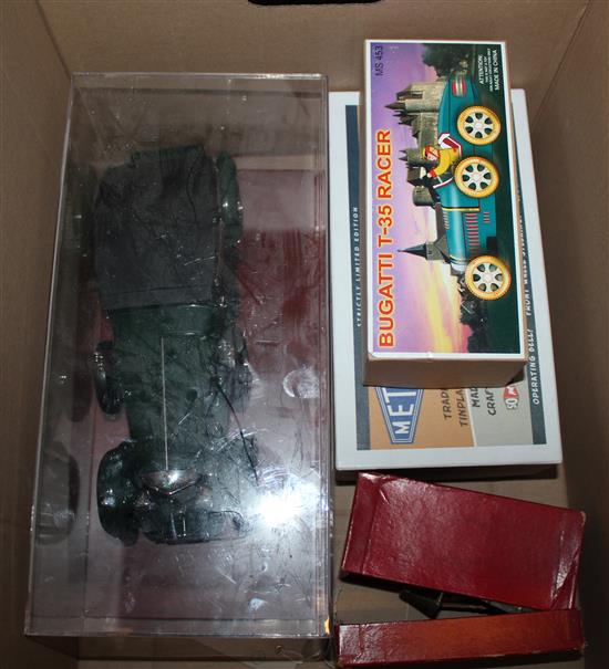 Britains Beetle Lorry & driver (boxed. a.f), Mettoy Routemaster Bus, Bugatti Racer, cased Bentley Speed 6, etc (5)
